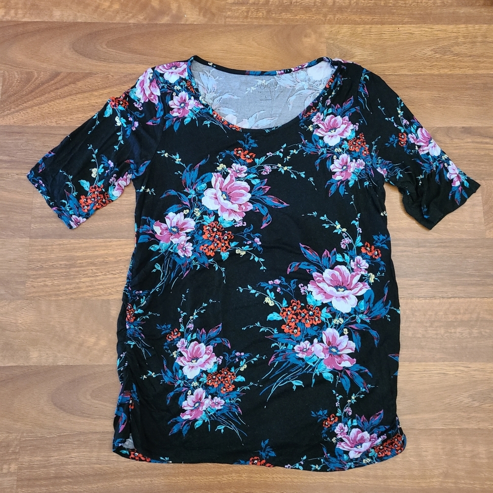 a:glow Maternity Top Black Floral Print Rayon Stretch